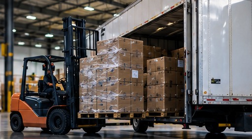 Illustrative warehouse scene with palletized goods and a loading dock